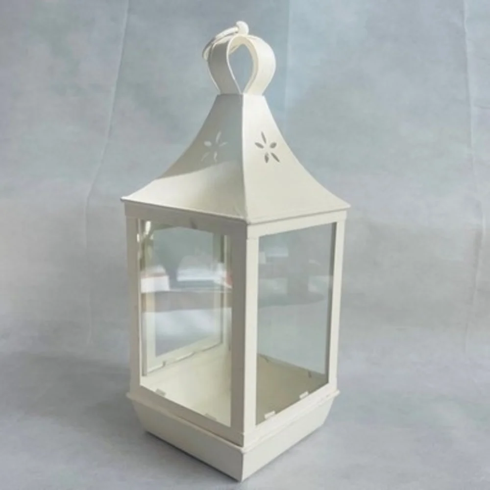 Large White Candle Lantern Metal Glass Farmhouse Decor Lantern Candle Holder VG
